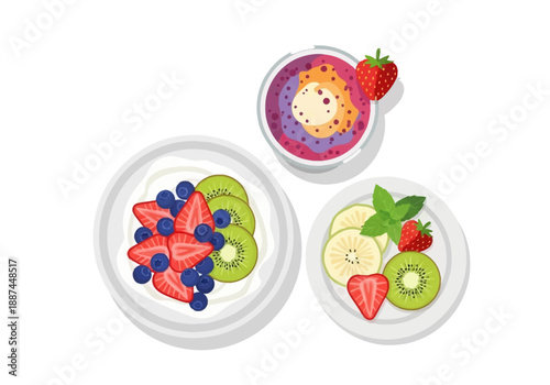 Three Plates of Healthy Fruit Bowls with Strawberries, Kiwi, and Blueberries
