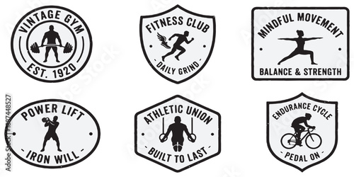 Collection of six vintage-style sport and fitness emblems with silhouettes of athletes and motivational text.