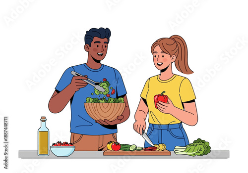 Couple Preparing a Fresh Salad Together in the Kitchen