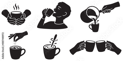 Collection of stylized black and white icons depicting the preparation and enjoyment of hot beverages like coffee or tea.