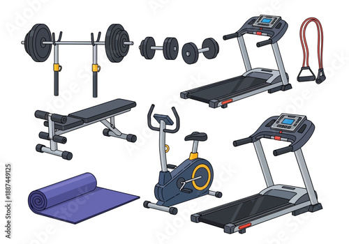 Assorted Gym Equipment: Treadmills, Weights, Bench, Exercise Bike, and Yoga Mat