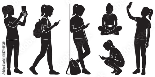 Collection of Silhouettes of Young Women Interacting with Smartphones in Various Poses.