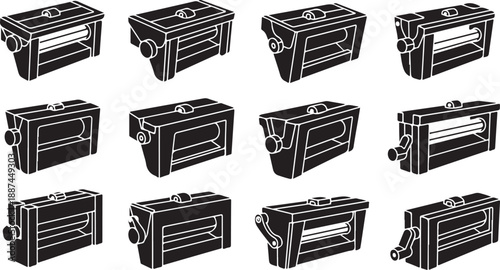 Collection of black and white boombox illustrations in various angles