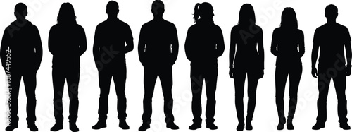 Men and women silhouettes standing together, diverse people group concept, social unity and inclusion, anonymous human figures, modern lifestyle