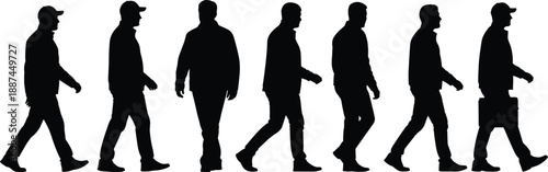 Men silhouettes walking in sequence, casual male figures in motion, daily life concept, urban lifestyle, anonymous people movement isolated on white background