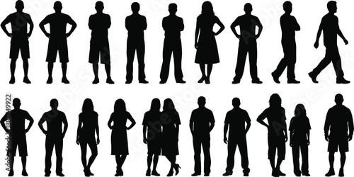 People silhouettes set standing and walking human figures black vector collection men women crowd poses isolated on white background illustration design resource
