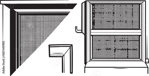 Detailed illustration of window screen and frame components