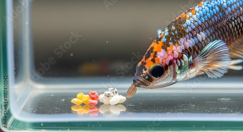 Vibrant Betta fish enjoys colorful meal in clear tank