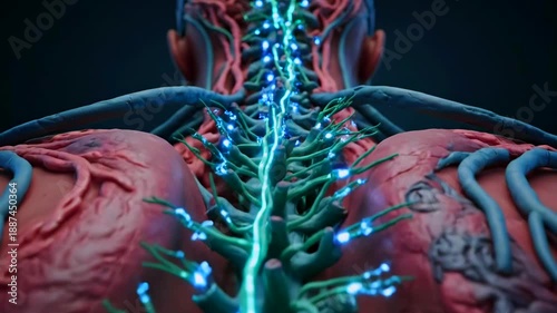 spinal cord nerves transmitting electric signals along vertebral column, dorsal roots branching to peripheral tissue, glowing synapses and blue signal nodes in close cinematic anatomy view