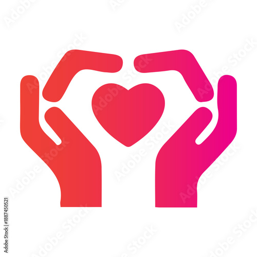 Abstract illustration of cupped hands forming a heart shape with a gradient of red to pink, symbolizing love, care, and support