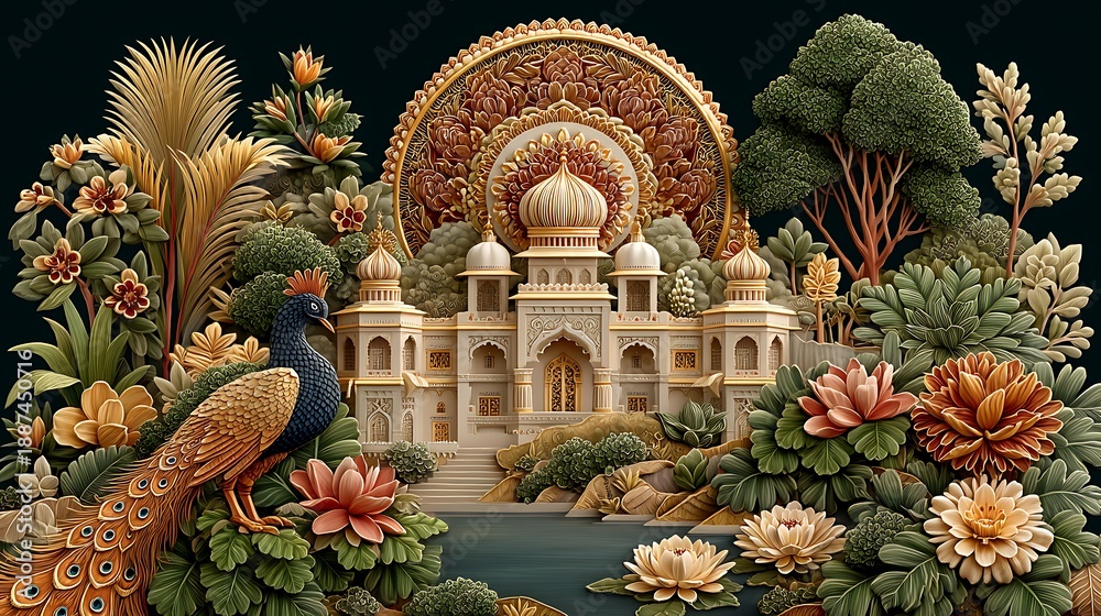 Obraz premium Majestic peacock palace surrounded by lotus flowers illustration high resolution picture