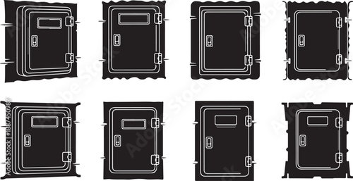 Collection of black safe deposit boxes on white background
