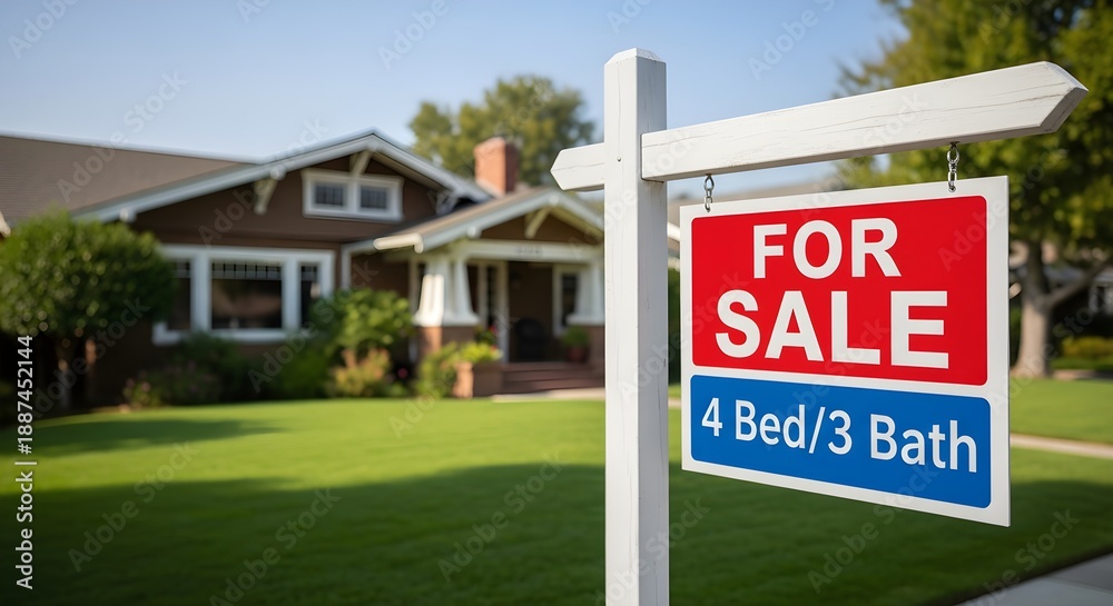 Fototapeta premium For Sale Sign in Front of a House Homeownership Dream in Real Estate Market