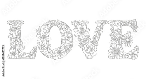 An intricate floral depiction spells out the word love showcasing detailed botanical illustrations and delicate line work