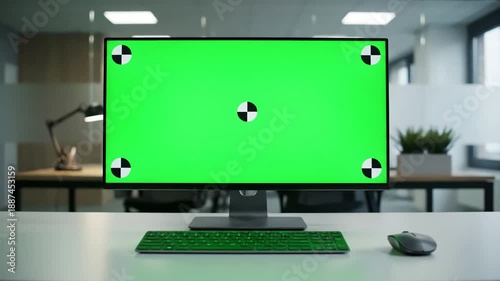 Green Screen Display Mockup with business woman typing on cgi computer monitor working in modern office female freelancer researching information pc chroma key copyspace and tracking markers at a desk