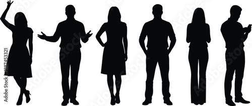 Standing people silhouettes set isolated on white background showing men and women poses communication lifestyle business casual illustration conceptStanding people silhouettes set isolated on 