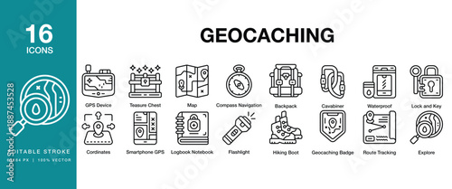 Geocaching icon set. Includes geocaching, gps, treasure, cache, hidden, search and More. Editable Stroke Icon Collection.