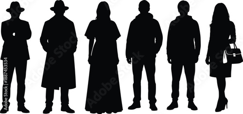 Standing people silhouettes isolated on white background featuring men and women wearing coats dresses casual outfits lifestyle fashion illustration concept