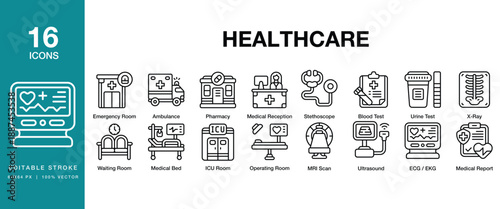 Healthcare icon set. Includes healthcare, medical, hospital, clinic, doctor, nurse and More. Editable Stroke Icon Collection.
