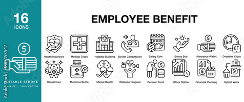 Employed Benefit icon set. Includes employment, benefit, perks, compensation, salary and More. Editable Stroke Icon Collection.