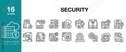 Security icon set. Includes security, protection, safety, guard, shield and More. Editable Stroke Icon Collection.