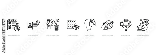 Money Saving Tips Banner Illustration Concept with Personal Budget Planner, Smart Spending Guide, Household Expense Tracker, Monthly Savings Plan, Frugal Living Ideas, Financial Goal Tracker