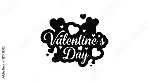 A black and white valentine s day graphic showcases stylized lettering and scattered heart shapes creating a romantic aesthetic