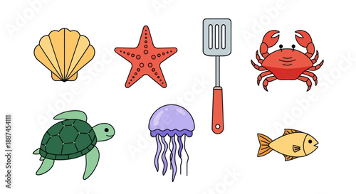 Colorful marine life collection including sea creatures and kitchen utensil isolated
