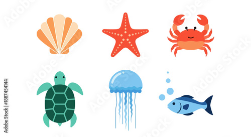 Colorful marine life collection on white background vector illustration