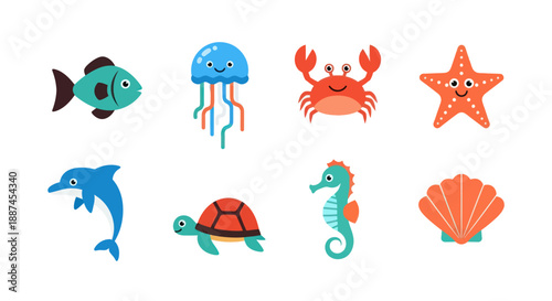 Colorful marine life illustration fish jellyfish crab starfish dolphin seahorse shell