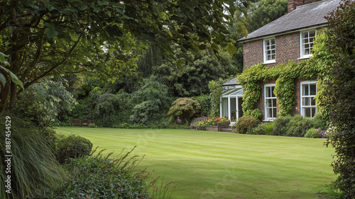 Traditional country house with a meticulously maintained lawn and lush green garden in summer