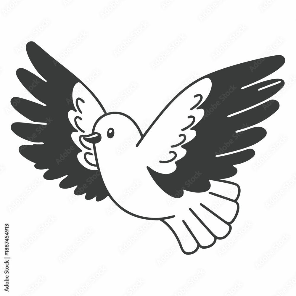 Fototapeta premium Black and White Flying Dove Illustration with Spread Wings