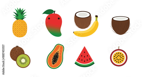 Colorful tropical fruits collection isolated on white background