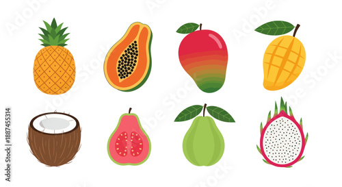 Colorful tropical fruits pineapple mango papaya coconut guava dragon fruit