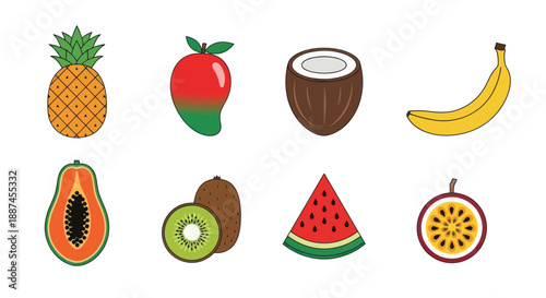 Colorful tropical fruits pineapple mango coconut banana papaya kiwi watermelon passionfruit