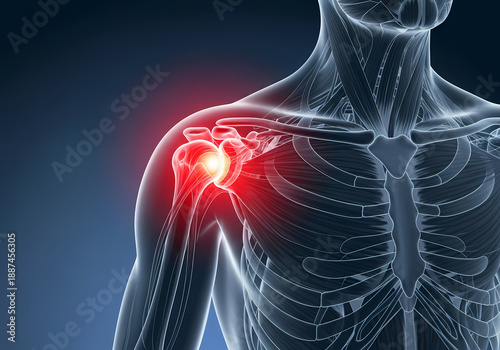 人体肩関節の炎症を示す医療イメージ, 関節痛と骨格構造の可視化