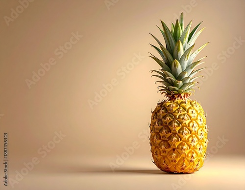 Fresh whole pineapple standing upright on soft beige gradient background, minimalist studio photography with copy space, tropical fruit concept.