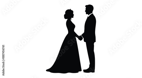 A silhouetted couple embracing dressed in formal wedding attire suggests romance partnership and a lifelong commitment to one another