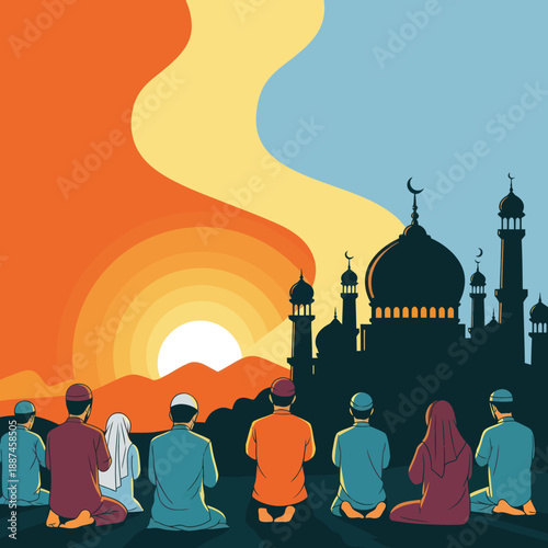 Group of People Praying Towards Mosque Silhouette.