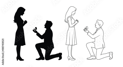 A man proposing to a woman shown in both outline and silhouette
