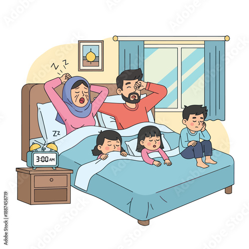 Family Waking Up in Bed Together.