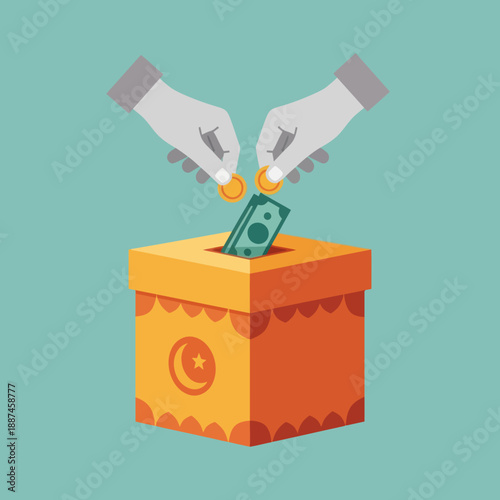 Hands Putting Coins and Bill into Box.