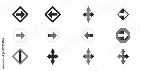 Collection of monochrome arrow symbols in diamond and square shapes