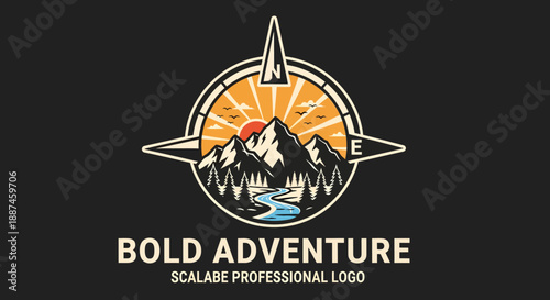 Bold Adventure Mountain Compass Logo Design.