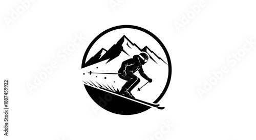 Dynamic Skier Silhouette Against Mountain Landscape in Circular Emblem.