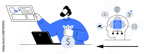 Financial technology with a human figure analyzing data and holding money. Financial technology links data-driven solutions, artificial intelligence, and innovation. For FinTech, AI, data analysis