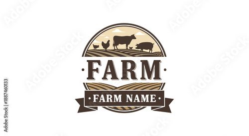 Farm logo design with various farm animals and agricultural fields.