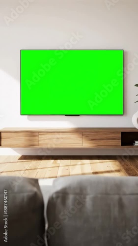 Green Screen Television Over Empty Sofa Back with view of caucasian male sitting on watching sport basketball game a tv 4k uhd distortion, overlay, glitch, static noise, scan lines black background