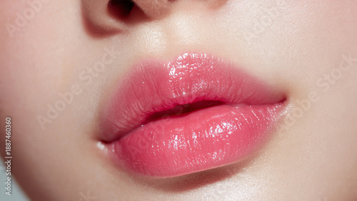 Macro shot of luscious, glossy pink lips with sparkling highlights and smooth surrounding skin, emphasizing hydration and vibrant color