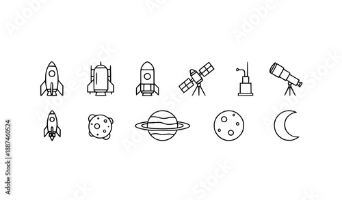 Minimal black line vector icons of space exploration and astronomy equipment